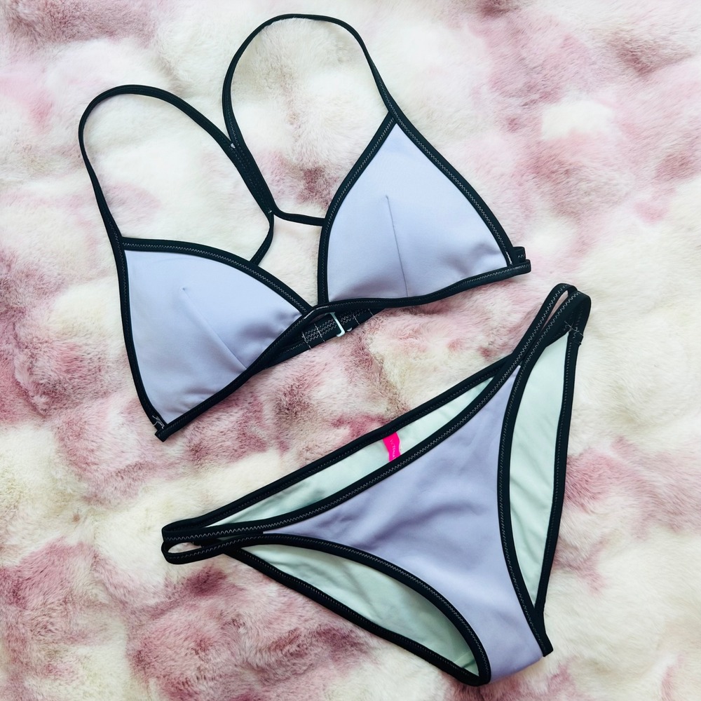 Victoria's Secret Womens L Bikini Set Purple Black Colorblock T-Back Excellent